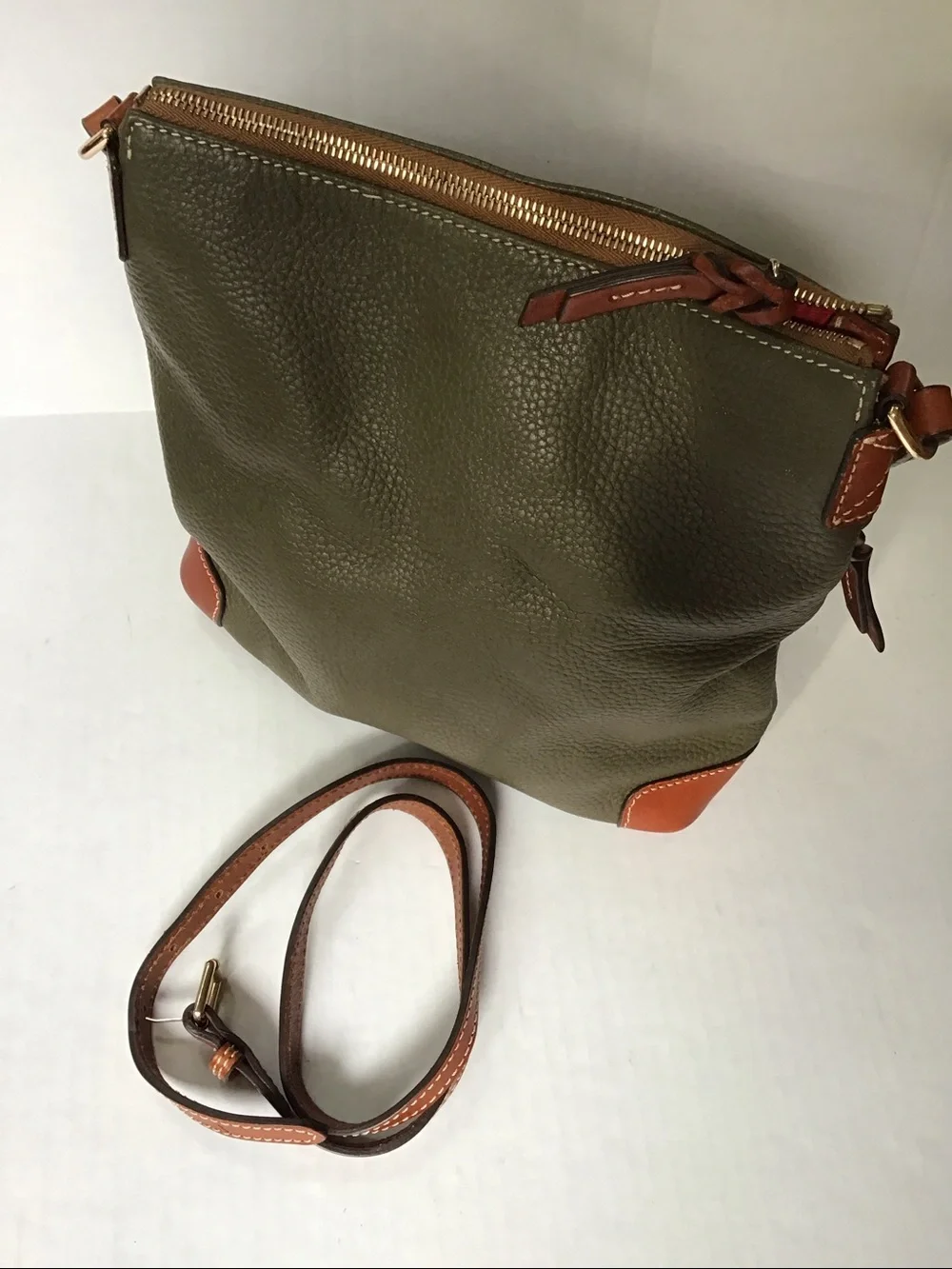 Dooney & Bourke Green Pebble Leather Crossbody with Brown Trim - Picture 2 of 14